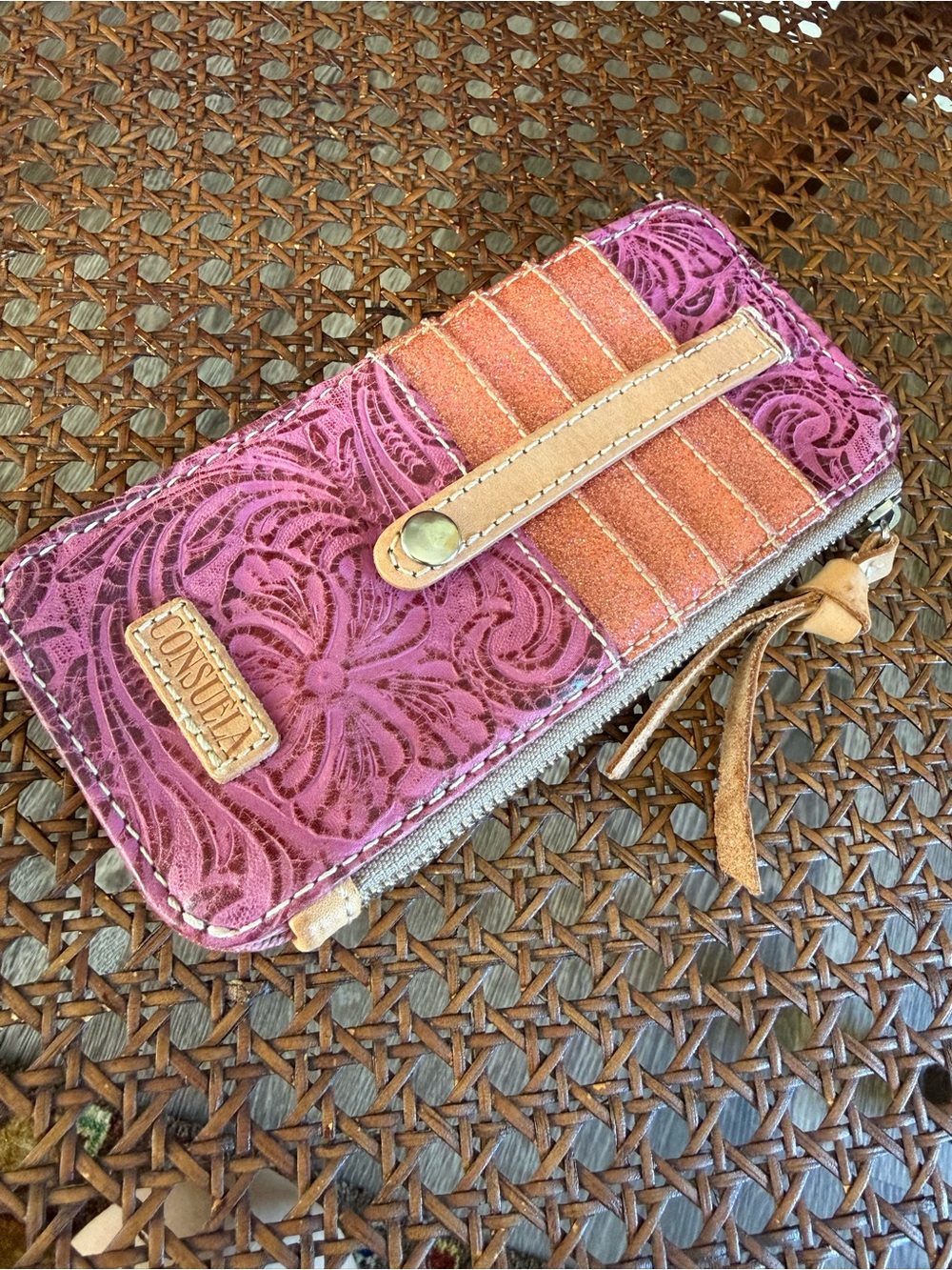 Consuela Purple Floral Cardholder Wristlet with Tan Strap or best offer